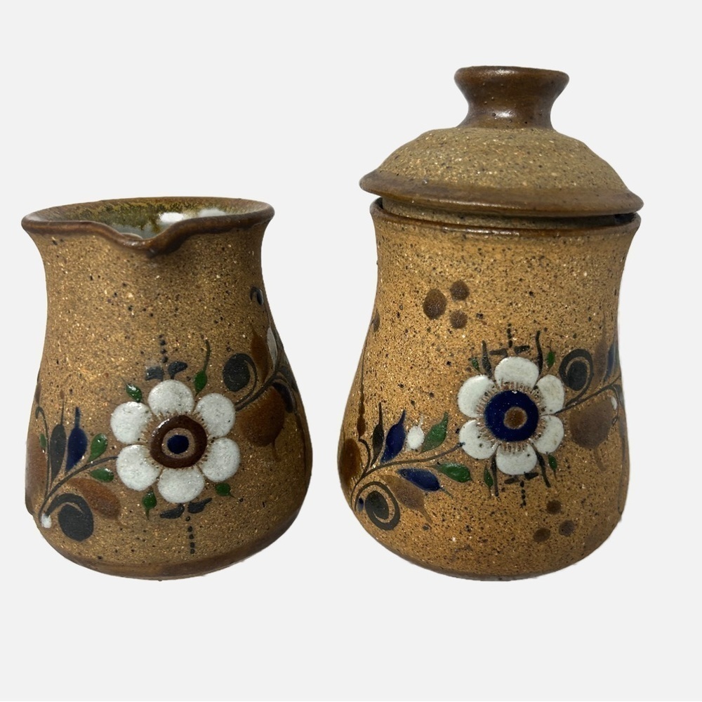 Art Studio Pottery Vintage Tonala Sandstone Creamer and Sugar Set Brown Floral